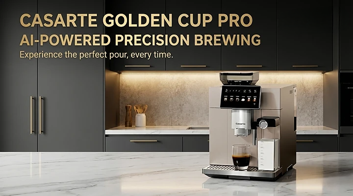 The Casarte Gold Cup Pro automatic coffee machine on a marble countertop in a modern luxury kitchen with AI-powered brewing text.
