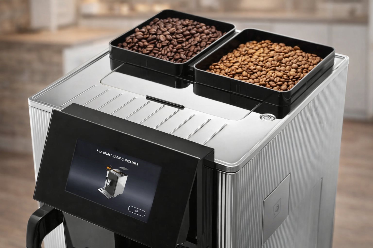 A top-down perspective of a De'Longhi Maestosa espresso machine in a luxury kitchen setting, highlighting the two separate bean hoppers filled with dark and light roasted coffee beans. The image showcases the machine's sleek metallic finish and large digital touchscreen displaying drink profiles.