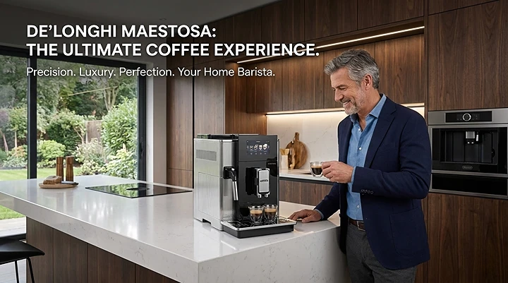 A premium silver and black De'Longhi Maestosa coffee machine with a 5-inch tilted color touchscreen, featuring two separate bean containers on top and two glasses of espresso on the drip tray.