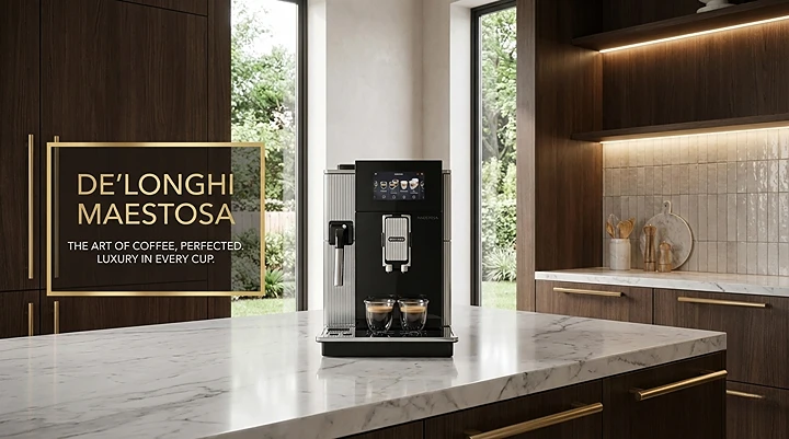 A 16:9 poster of the De’Longhi Maestosa coffee machine on a white marble countertop in a luxury wood-paneled kitchen. A middle-aged English man stands by the machine. To the left, a gold-framed text box reads: 'DE’LONGHI MAESTOSA: THE ART OF COFFEE, PERFECTED. LUXURY IN EVERY CUP