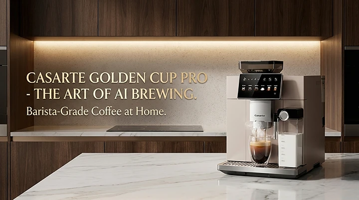 Casarte Gold Cup Pro automatic coffee machine on a marble island in a luxury dark-toned kitchen with gold accents.