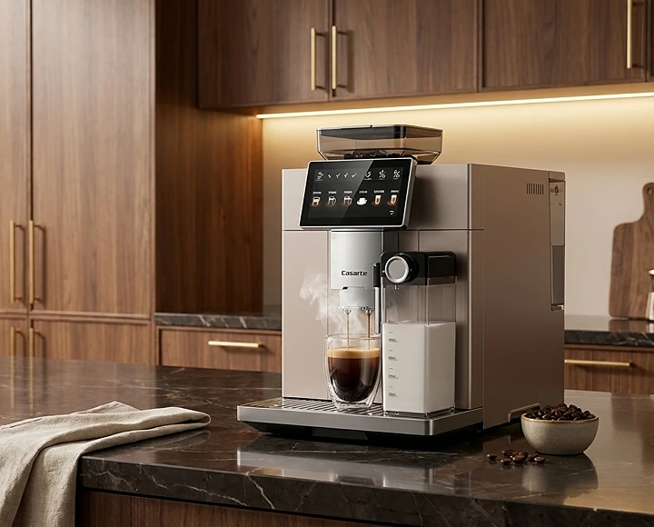 Wide-angle shot of a Casarte Gold Cup Pro coffee machine in a modern dark-themed luxury kitchen with a white marble island.