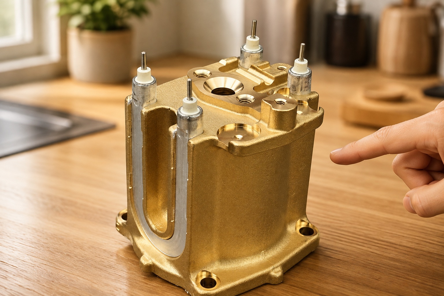 Solid brass espresso machine boiler resting on a linen cloth beside a small brush