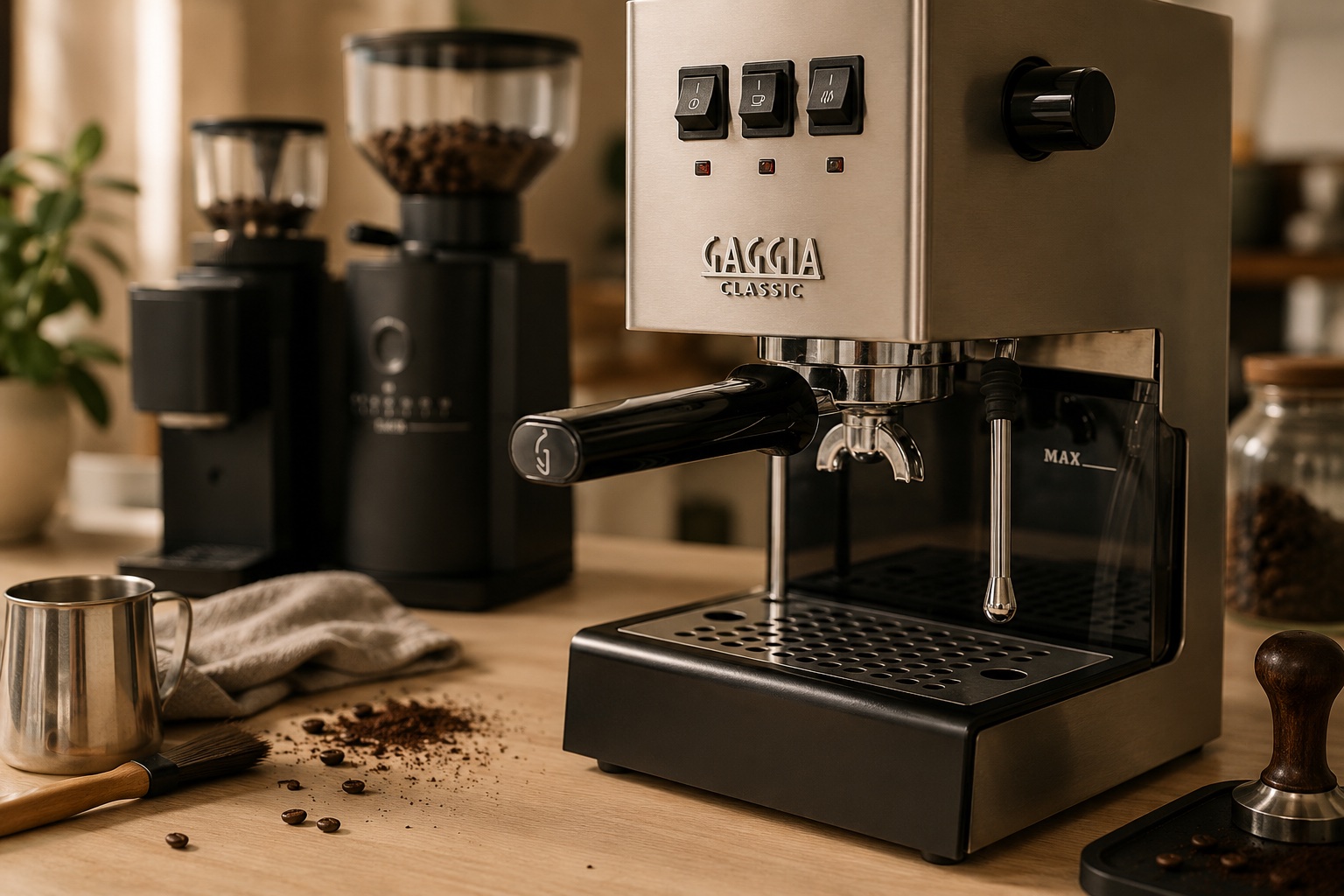 Hand knocking a dry spent coffee puck from a 58mm stainless steel portafilter