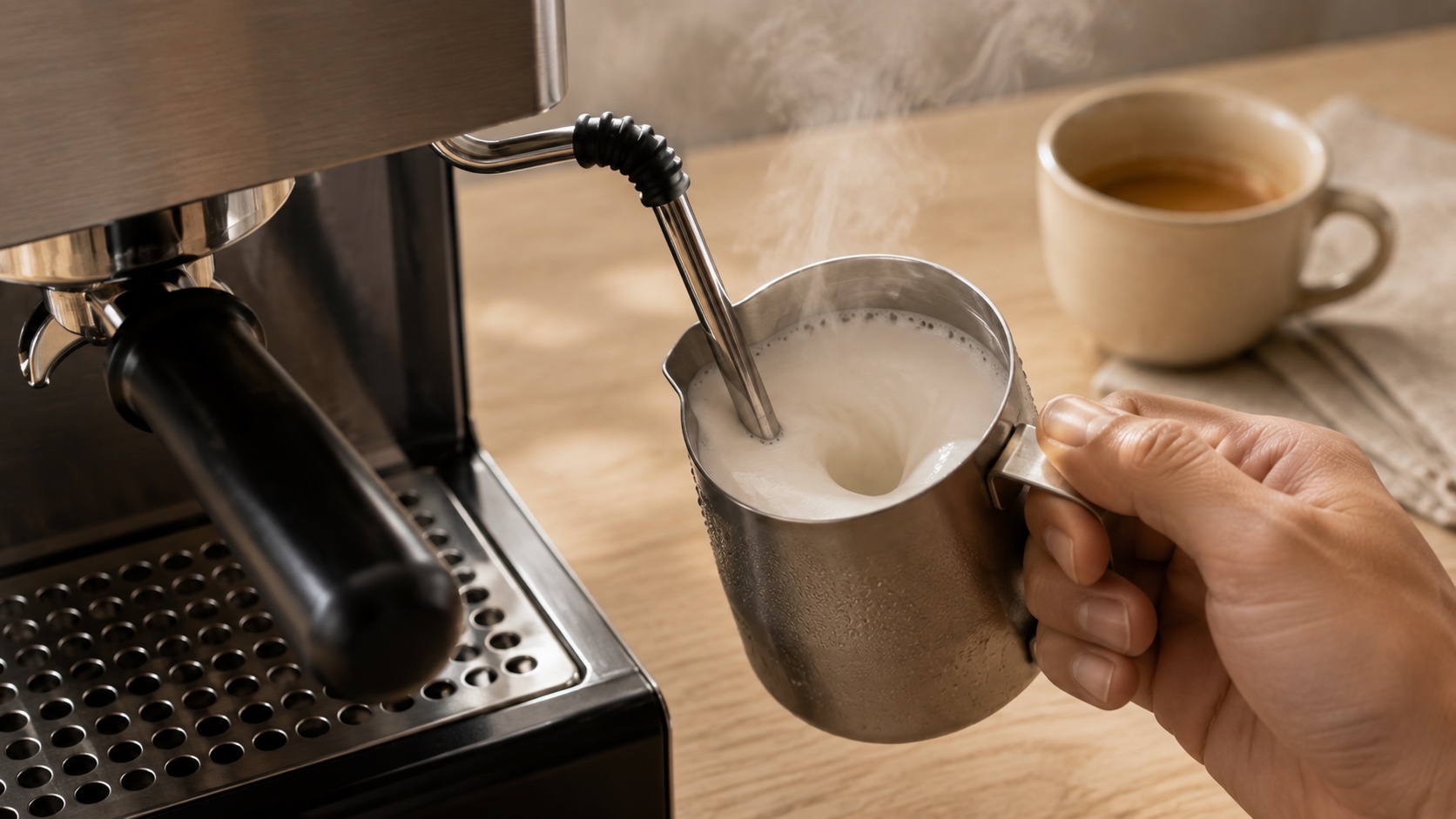 Commercial style steam wand texturing milk in a stainless steel pitcher