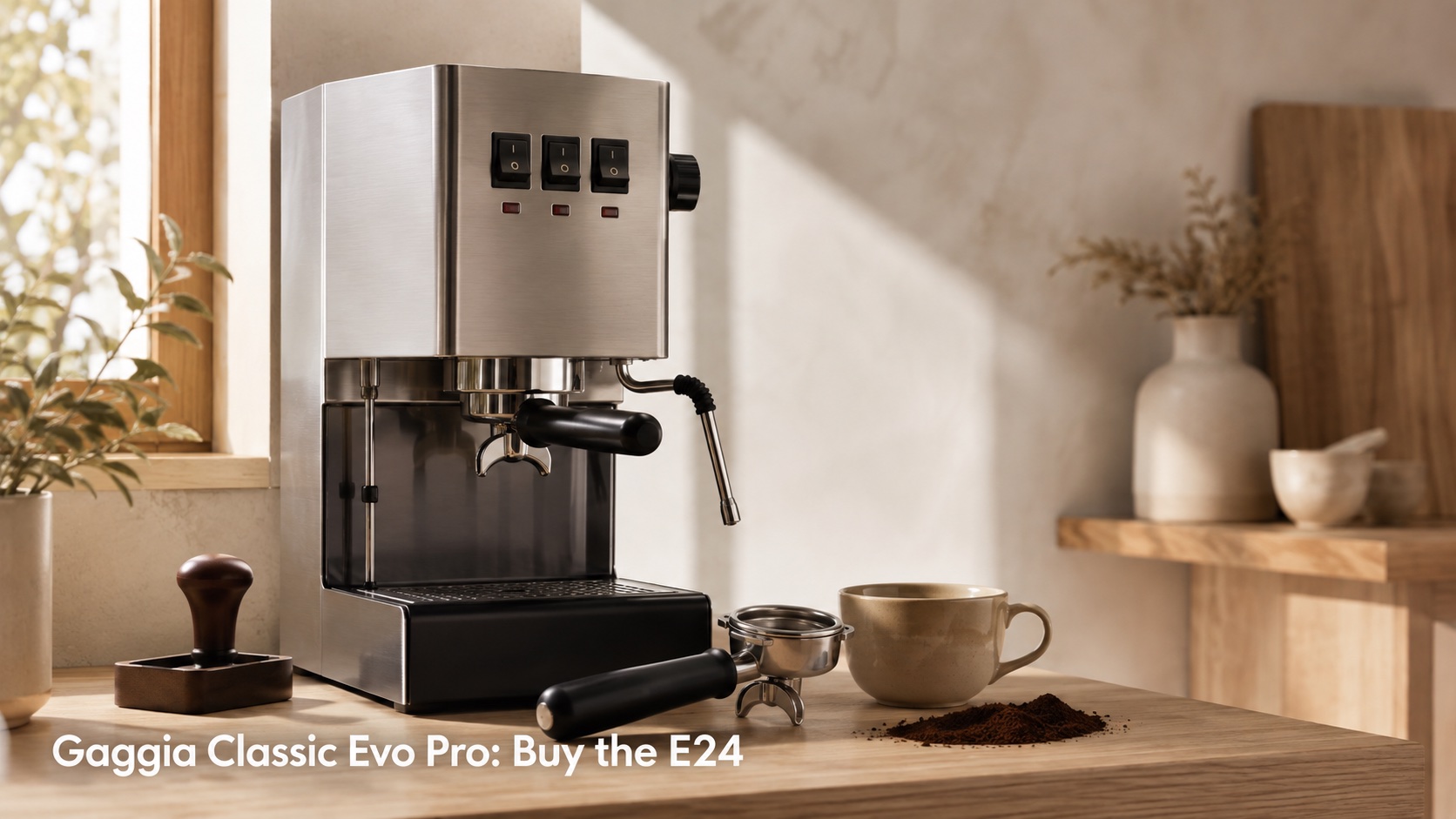 Stainless steel home espresso machine on a pale oak counter in morning window light