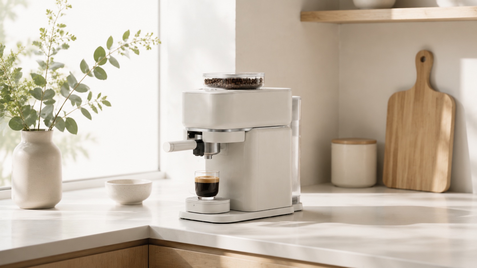 A hand sliding the portafilter handle of a compact espresso machine to the right to start grinding