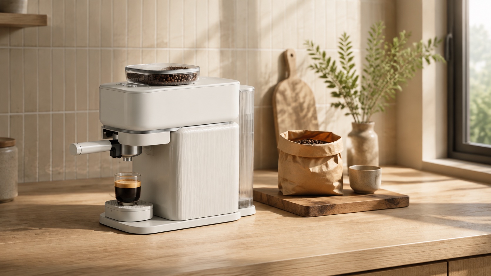 A narrow espresso machine beside a bag of whole coffee beans in a small kitchen with morning light