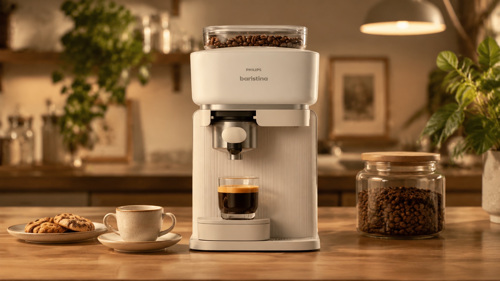 Compact bean to cup espresso machine on a pale oak counter with a fresh espresso in a ceramic cup