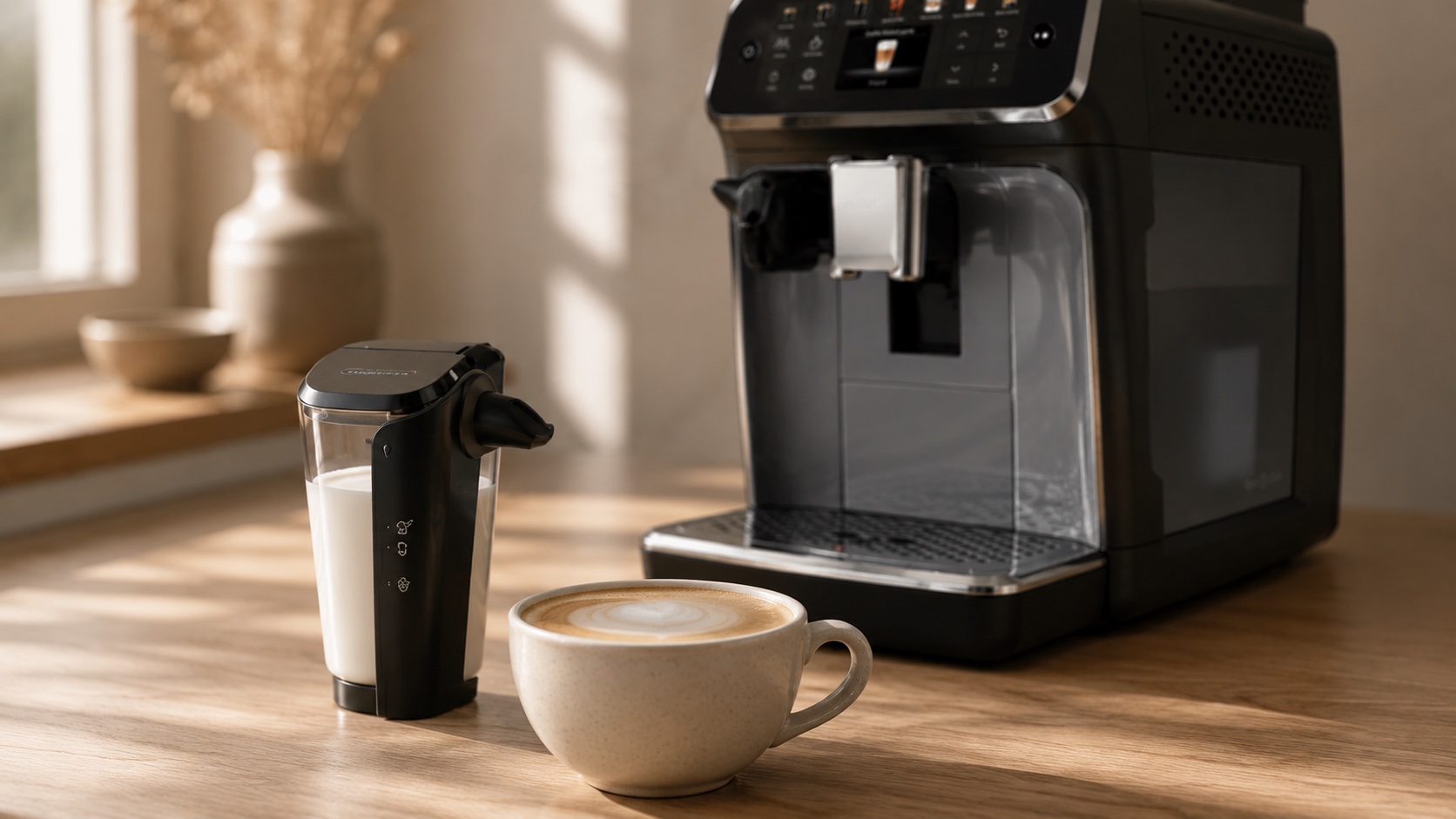 Two part tube free milk container lifted from an automatic coffee machine beside a latte