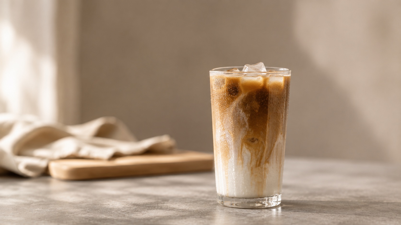 Iced latte in a tall glass with coffee poured over ice on a warm grey stone bench