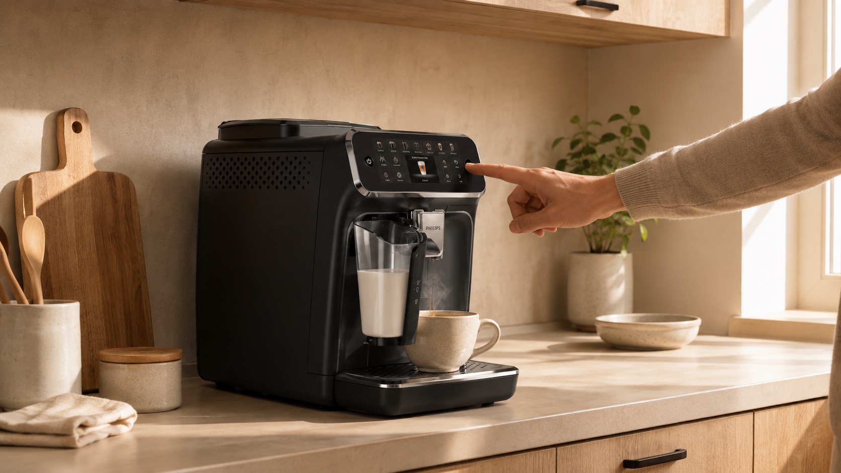 Hand pressing a button on a compact automatic coffee machine in a small bright kitchen