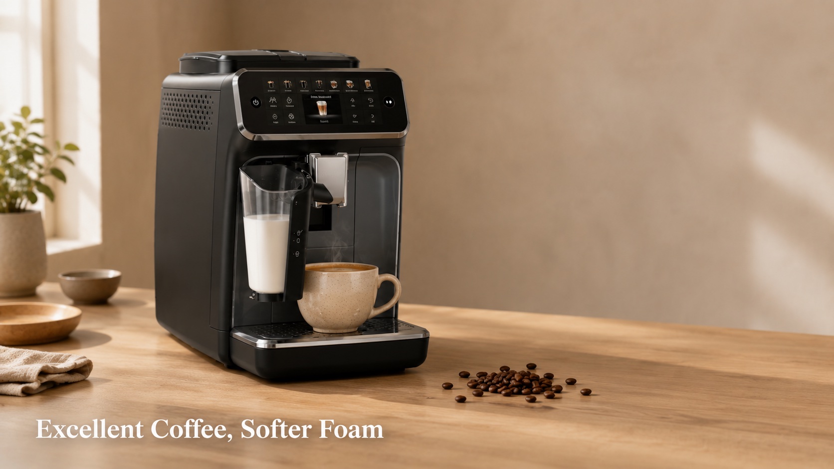 Black bean to cup espresso machine on a pale oak kitchen bench in morning light