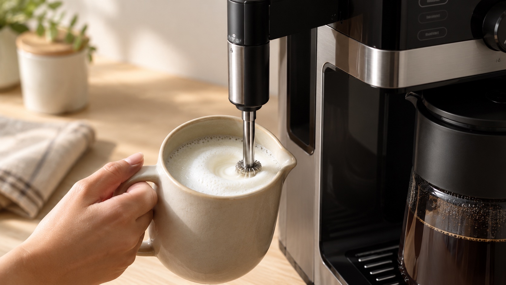 Side mounted whisk frother working milk into foam in a small ceramic jug