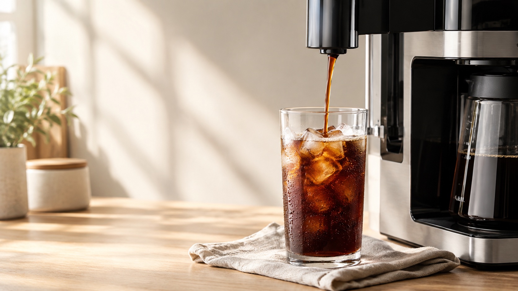 Cold brew coffee pouring over ice in a tall glass on a cream linen surface