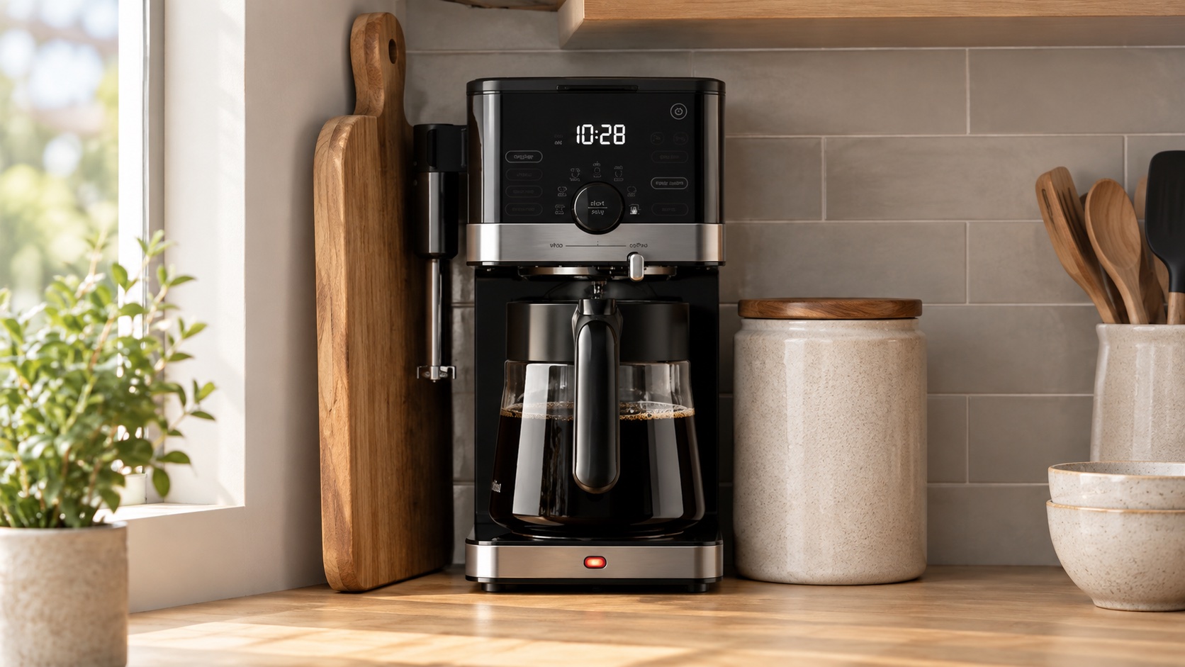 Narrow coffee maker measured against a hand span on a crowded kitchen counter