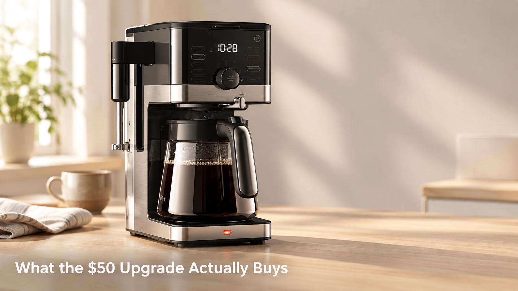 Slim stainless and black drip coffee maker on a pale oak counter beside a full glass carafe in morning light