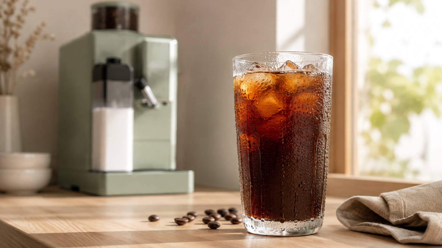 Glass of iced black coffee with condensation beside a coffee machine on a counter