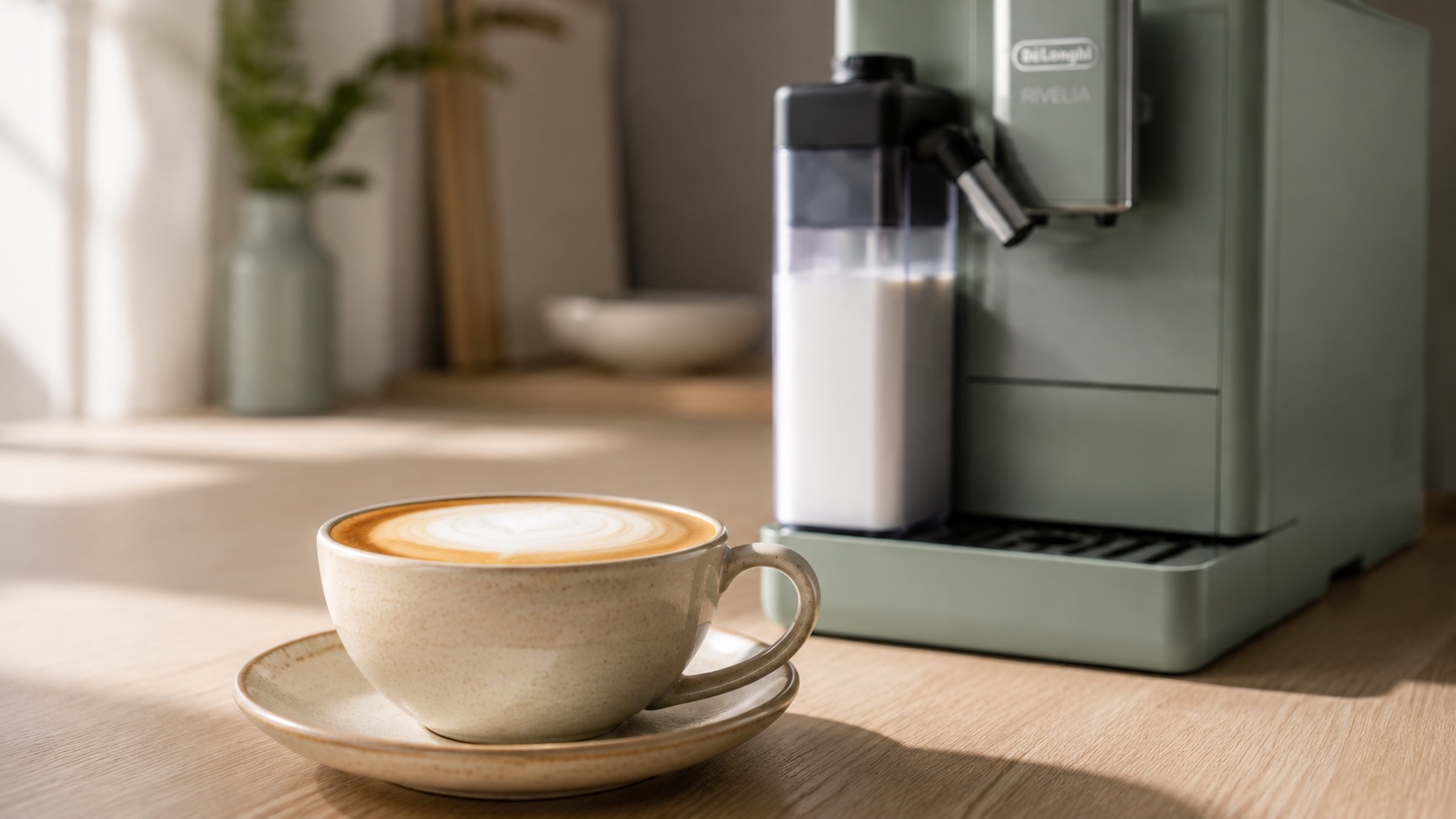 Flat white in a warm ceramic cup with a milk carafe attached to a coffee machine