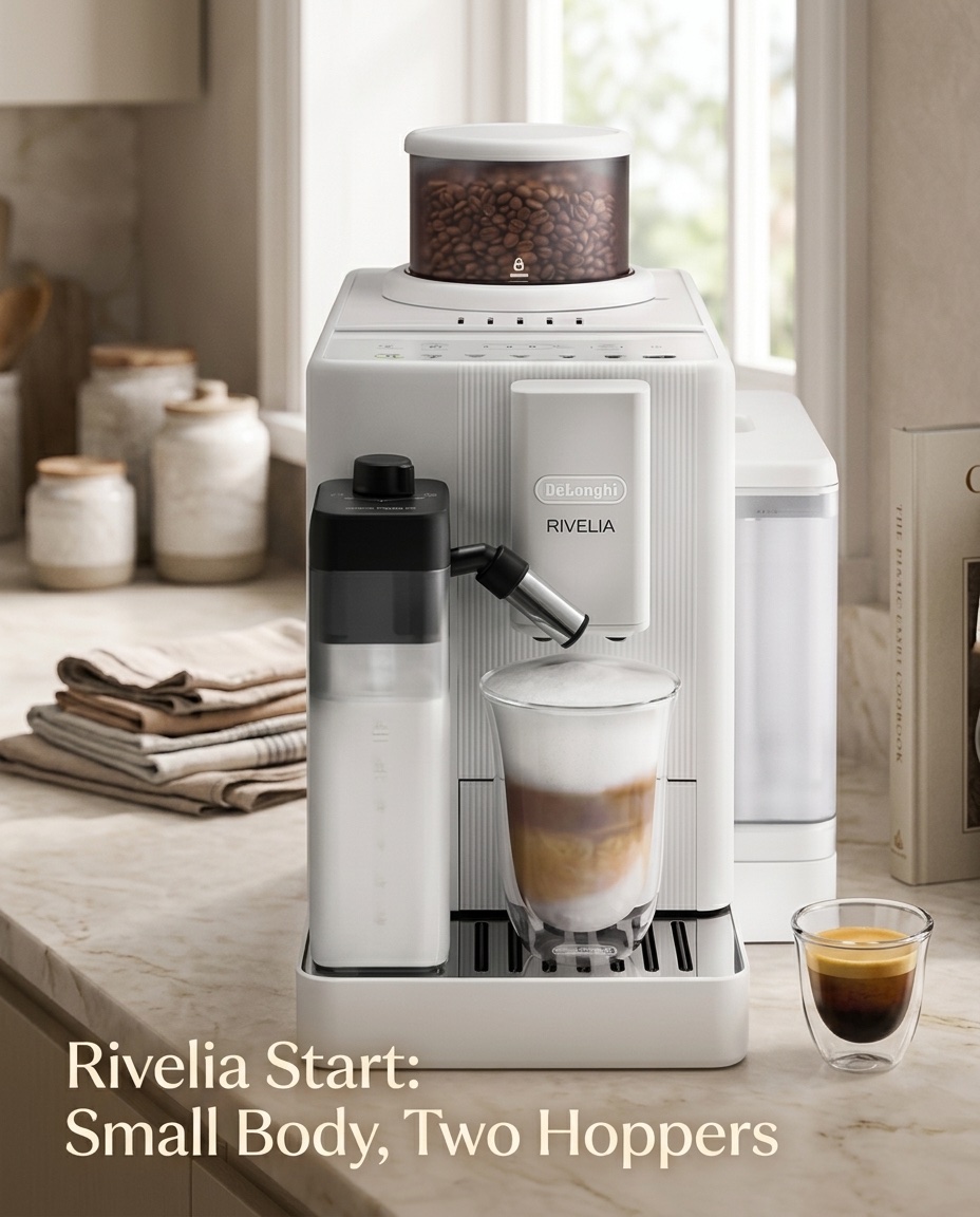 Compact bean-to-cup coffee machine on a pale oak kitchen counter in morning light
