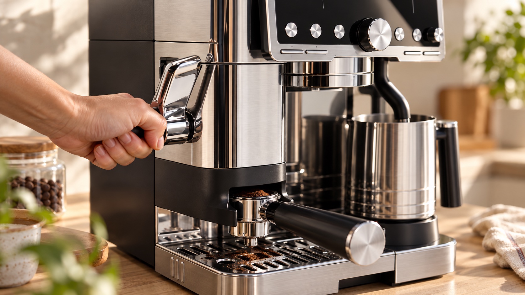 Hand pulling a side mounted tamping lever on an espresso machine with the portafilter locked beneath the grinder