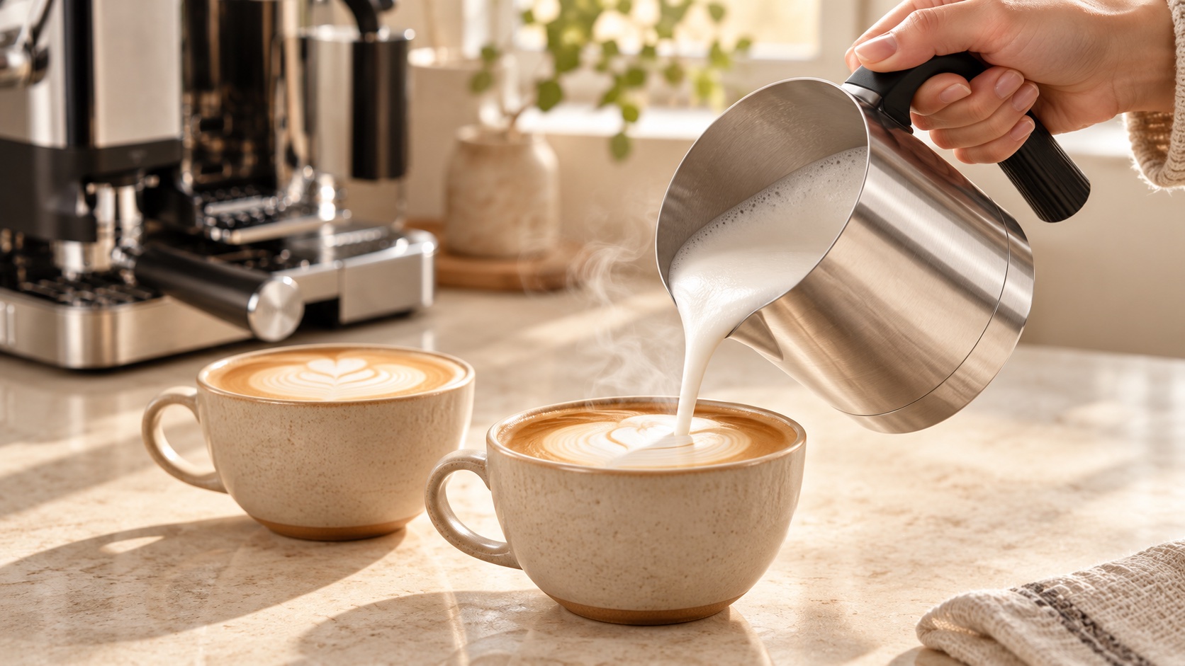 Large stainless milk jug of glossy microfoam beside two latte cups on a cream stone counter