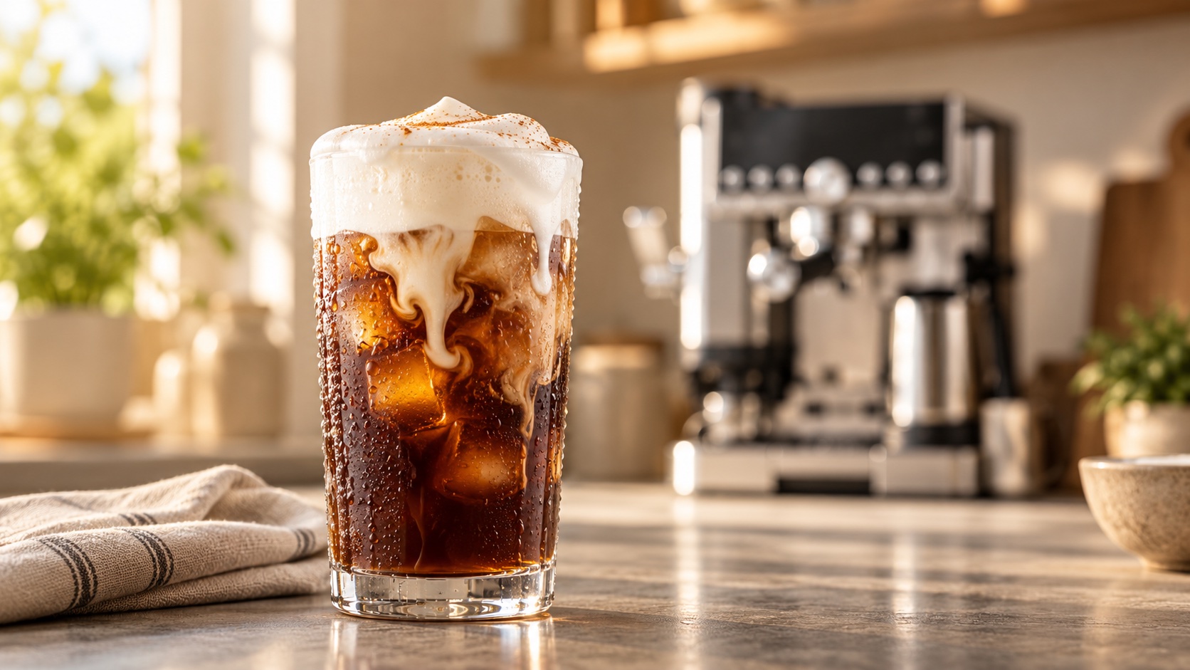 Tall glass of machine made cold brew over ice topped with cold milk foam on a warm grey counter