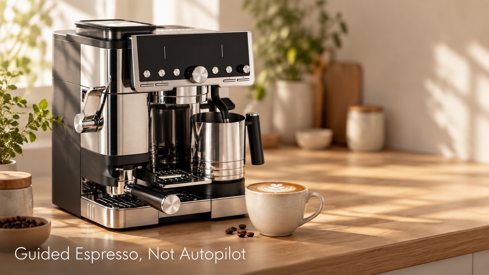 Stainless steel espresso machine with portafilter and a finished latte on a pale oak kitchen counter in morning light
