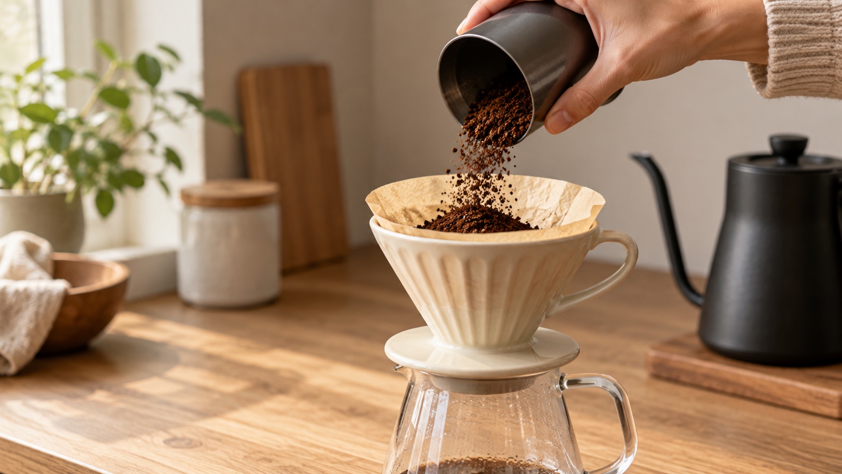 A hand pouring medium ground coffee from a grinder catch cup into a paper filter in a ceramic dripper