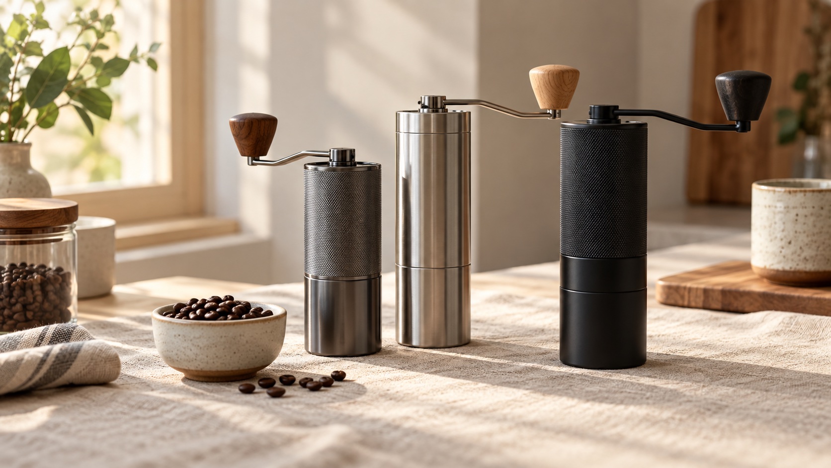 Three hand coffee grinders of different heights standing side by side on a cream linen surface in morning light