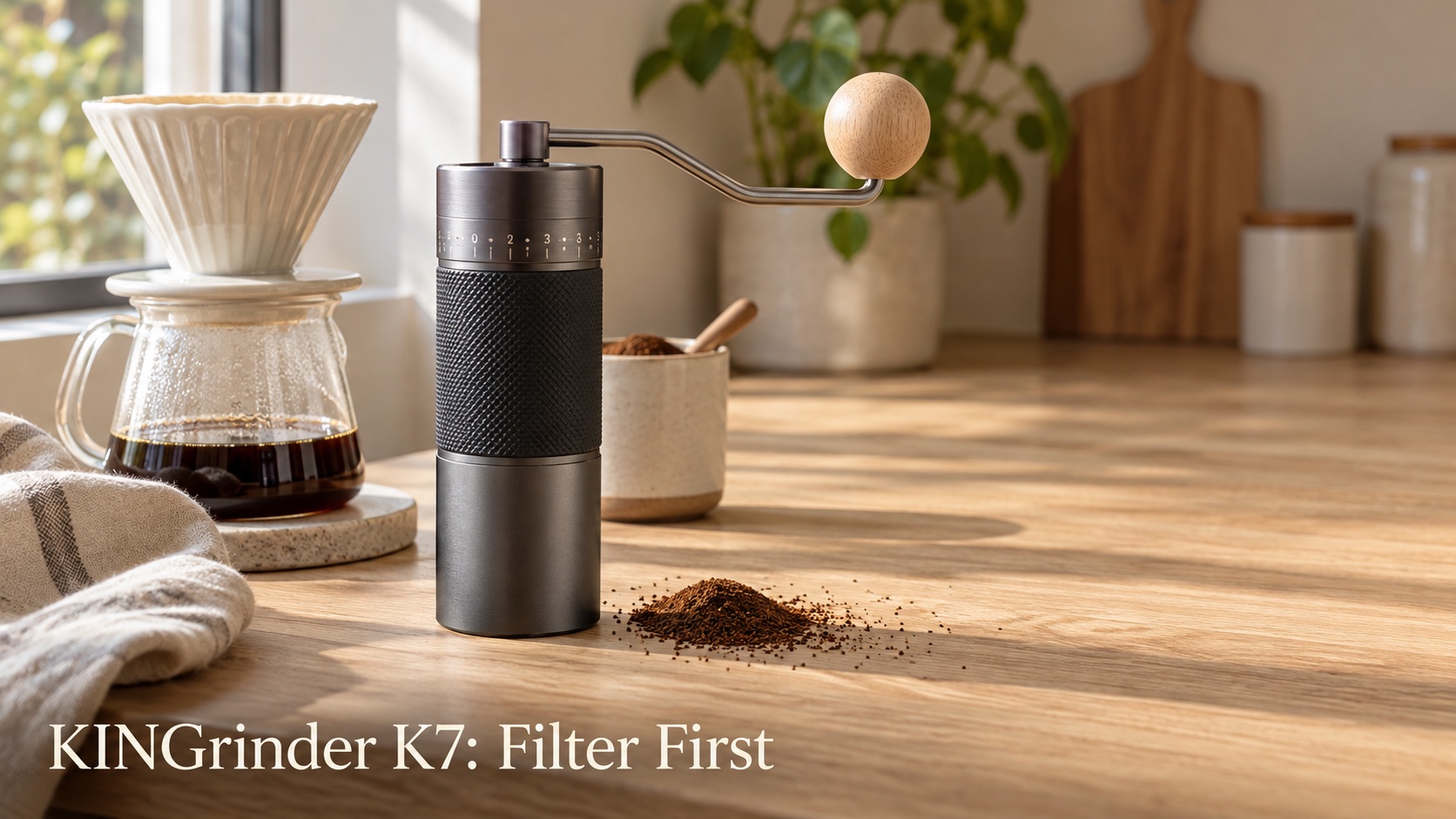 Dark grey cylindrical hand coffee grinder with a black textured grip on a pale oak counter beside a pour-over dripper