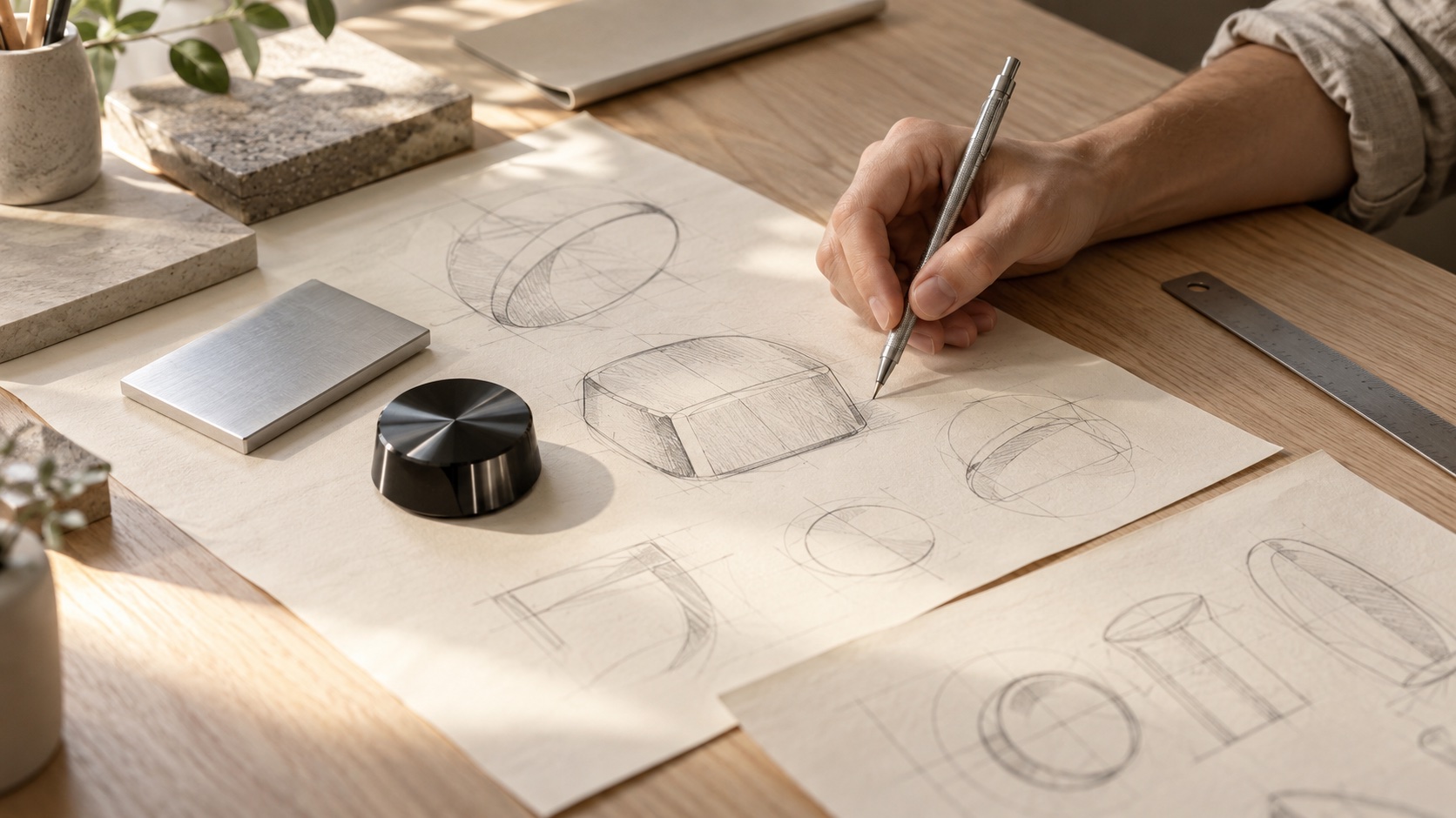 Illustrative design studio desk with pencil sketches of rounded geometric forms, a brushed aluminium sample and a glossy black control knob