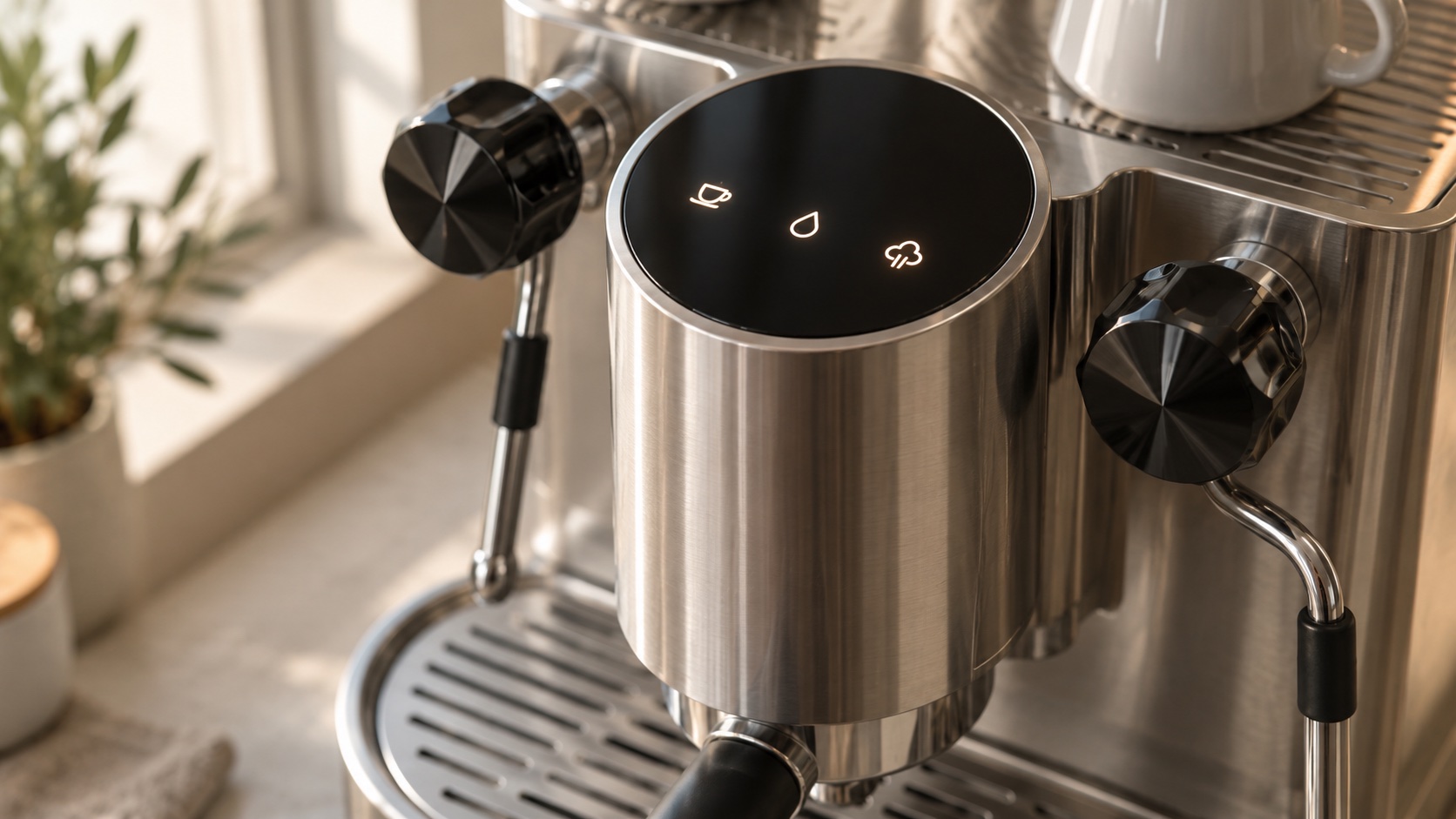 Illustrative close up of a cylindrical brushed aluminium group head with a round glossy black touch display and a black portafilter handle