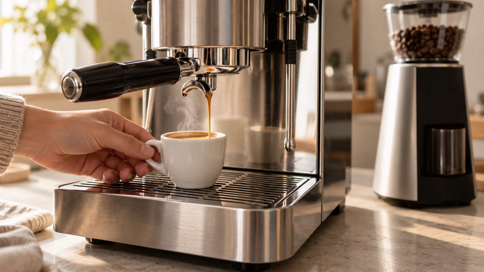 Illustrative scene of a hand placing a white espresso cup under a portafilter as a shot pours, aluminium machine and grinder behind in morning light