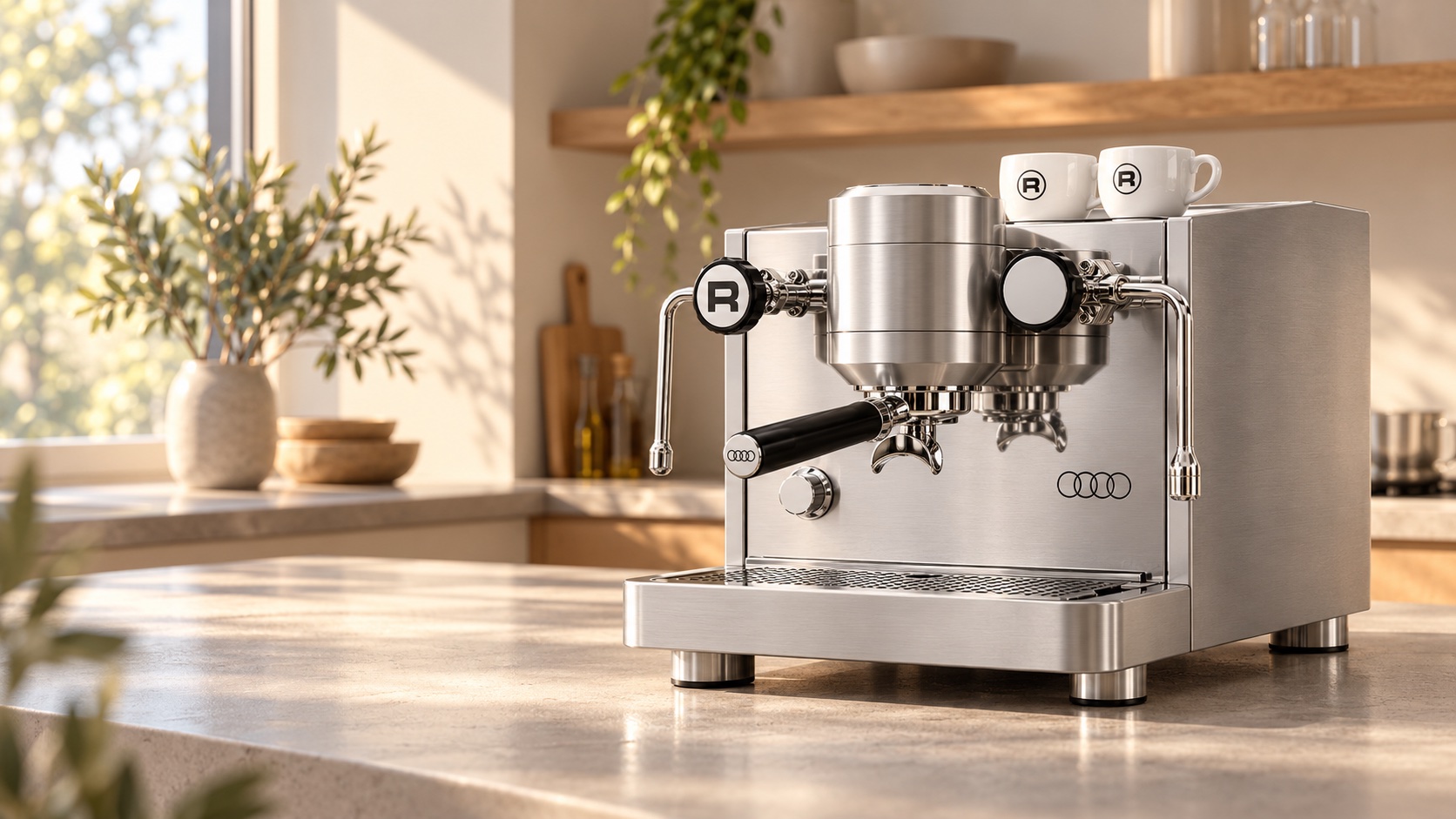 Brushed aluminium Rocket x Audi espresso machine on a stone kitchen counter in warm morning light, two white cups on the cup tray