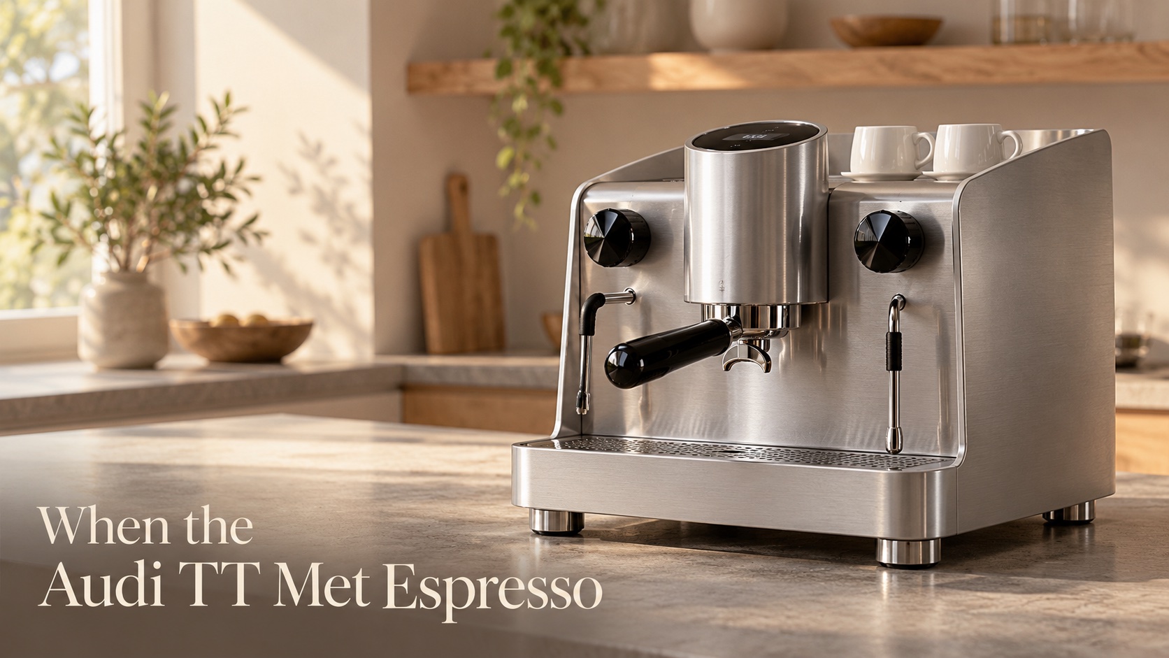 Illustrative scene of a matte aluminium dual boiler espresso machine with black controls on a pale stone counter in soft morning window light