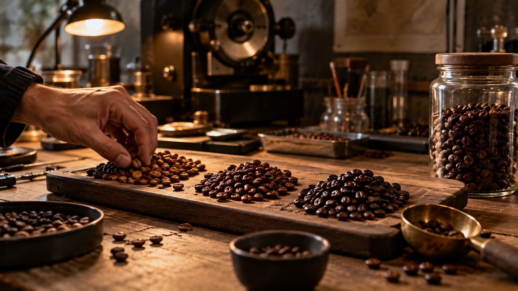 Three small piles of roasted coffee beans of slightly different colour beside a glass jar of mixed beans