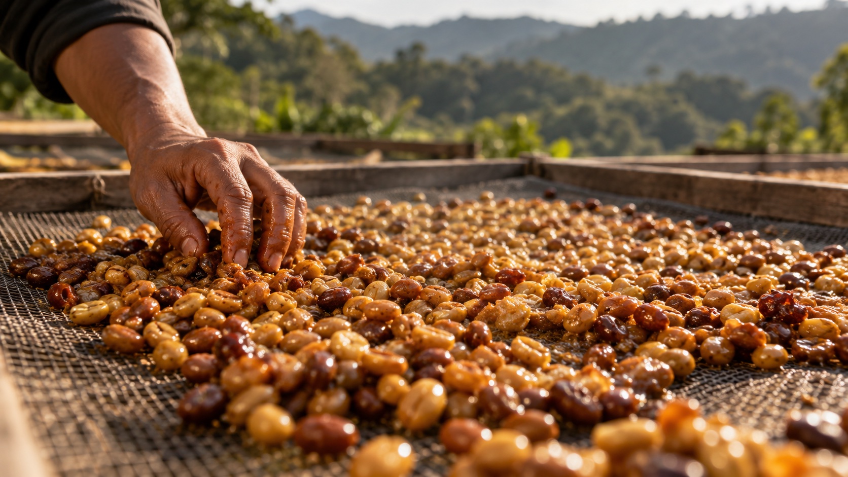 Sticky honey processed coffee beans drying on a raised mesh bed under soft daylight