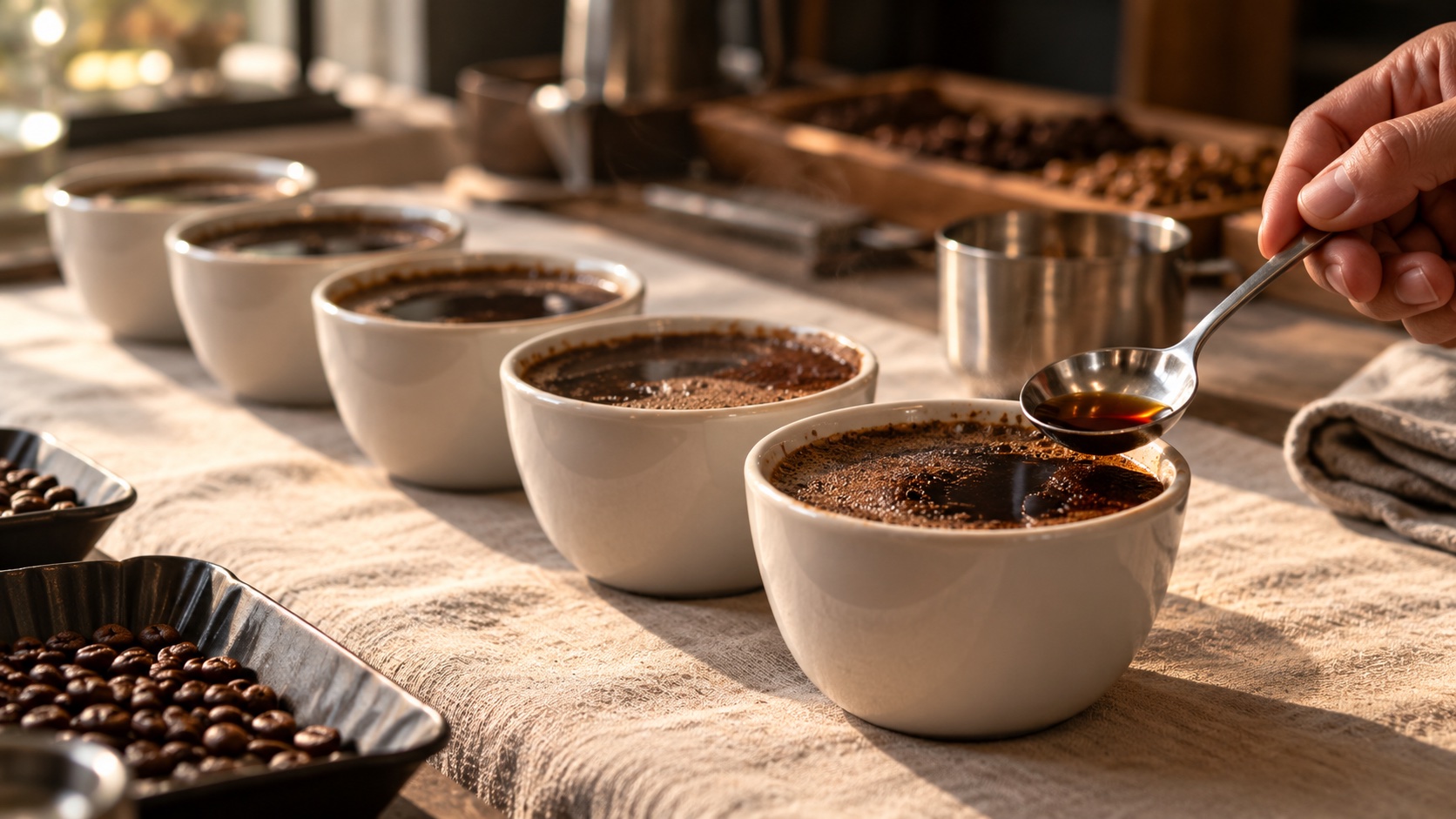 A hand holding a cupping spoon over a row of ceramic cupping bowls of brewed coffee