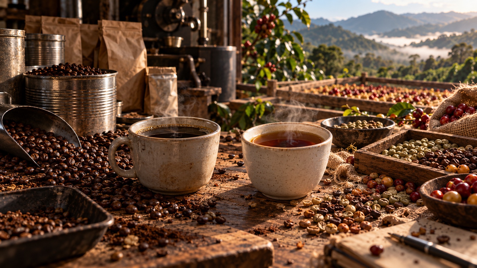 Two ceramic cups of black coffee side by side on a pale oak counter in soft morning window light