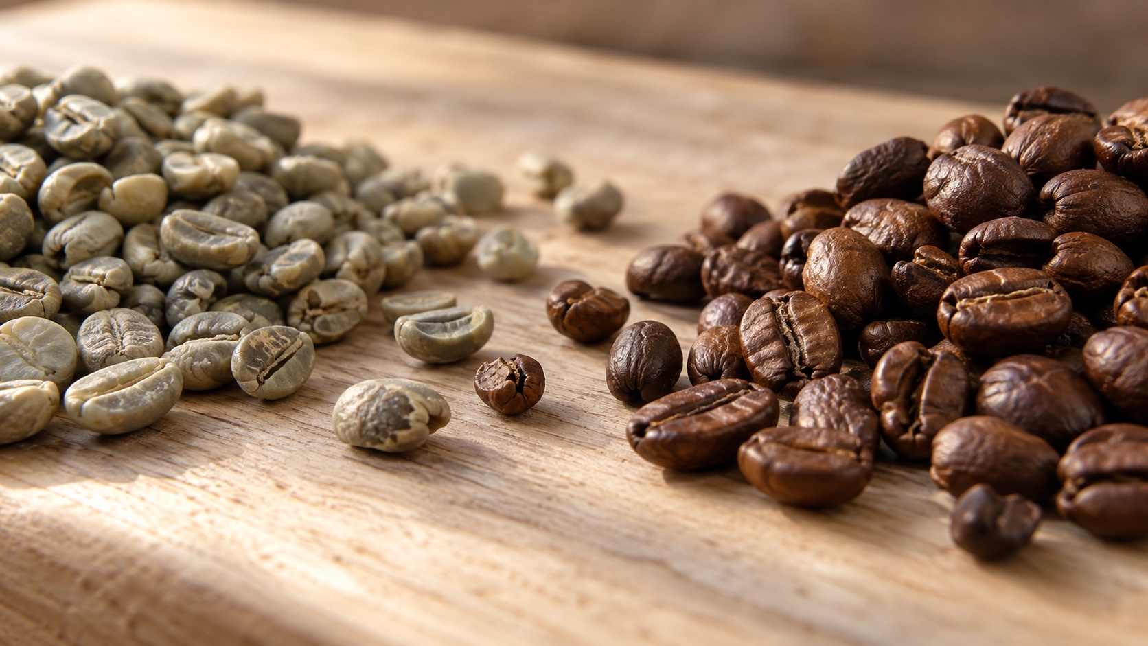 A small pile of pale green unroasted coffee beans beside a pile of brown roasted beans on a wooden surface