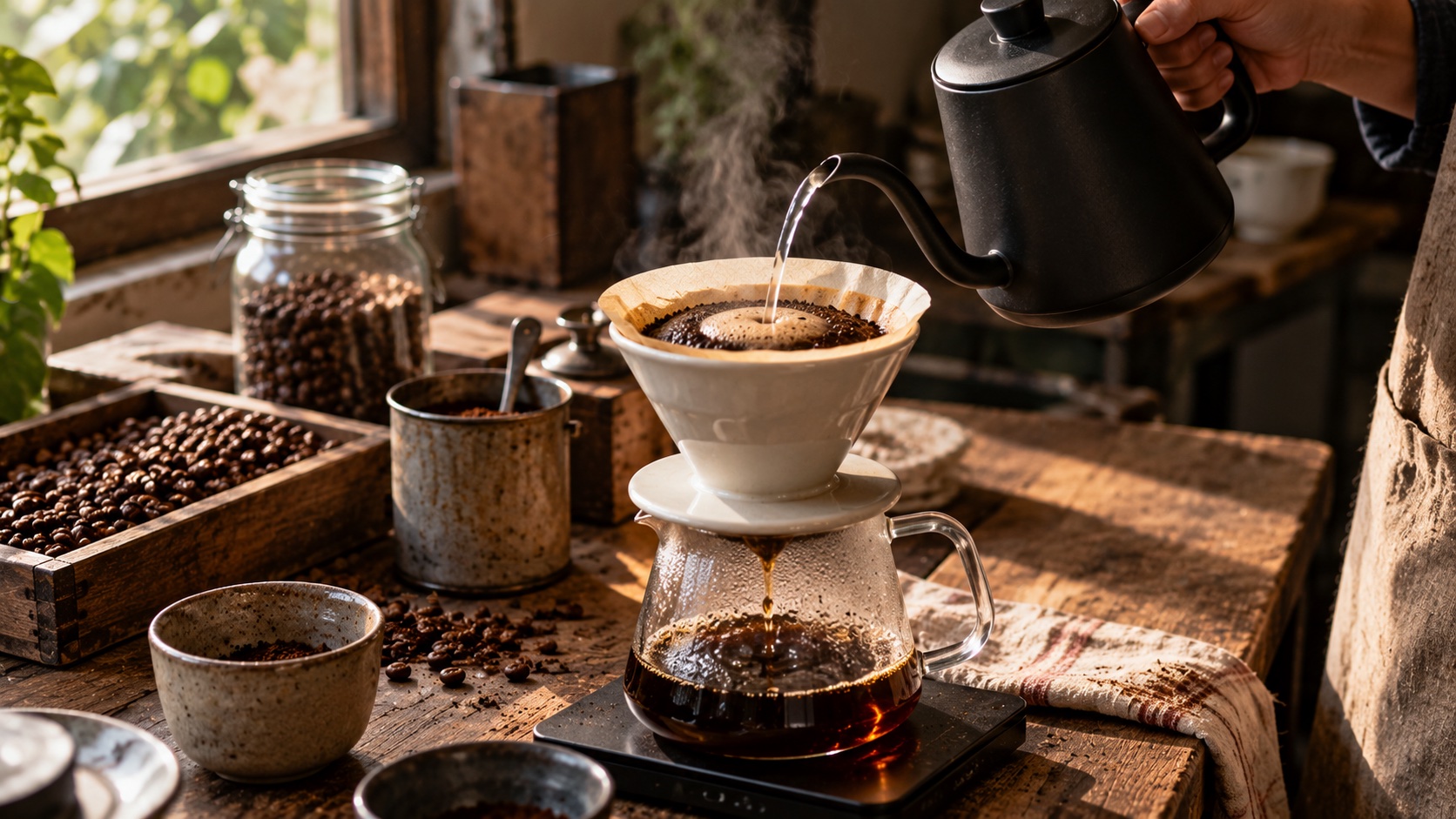 A hand pouring hot water from a gooseneck kettle in a slow spiral over coffee grounds in a pour over dripper