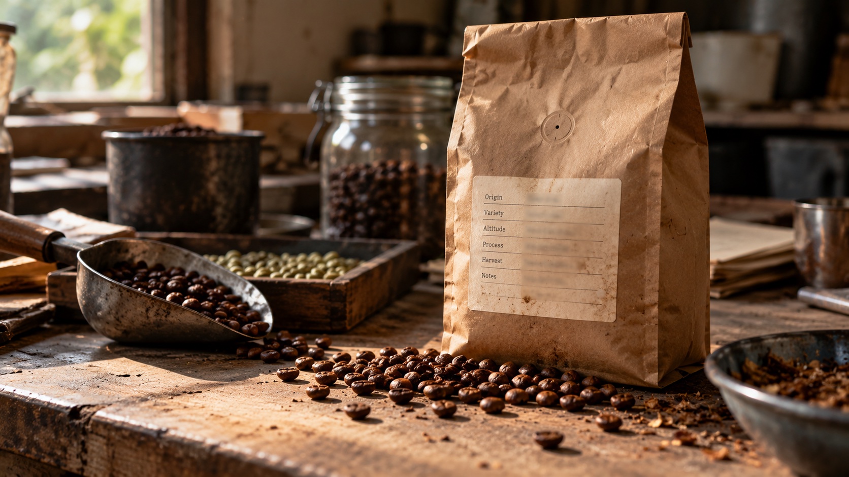 A kraft paper bag of coffee beans on a kitchen counter with a label listing origin, altitude and process