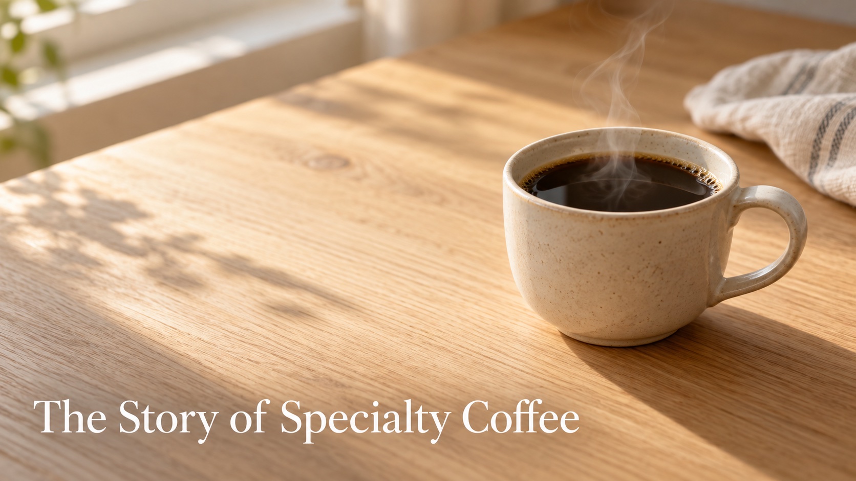 A ceramic cup of black coffee on a pale wooden counter in soft morning window light, steam rising