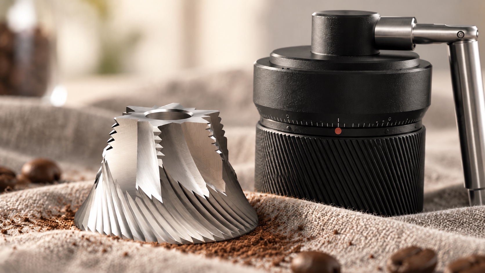 Close view of a large stainless steel conical coffee burr beside the external adjustment dial of a hand grinder