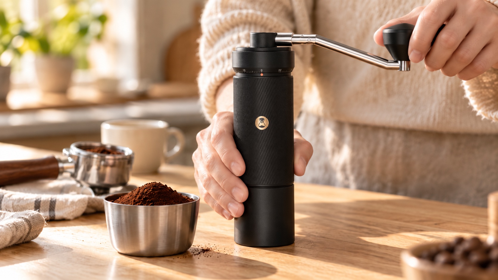 A hand turning the crank of a heavy hand grinder over a dosing cup of fine espresso grounds