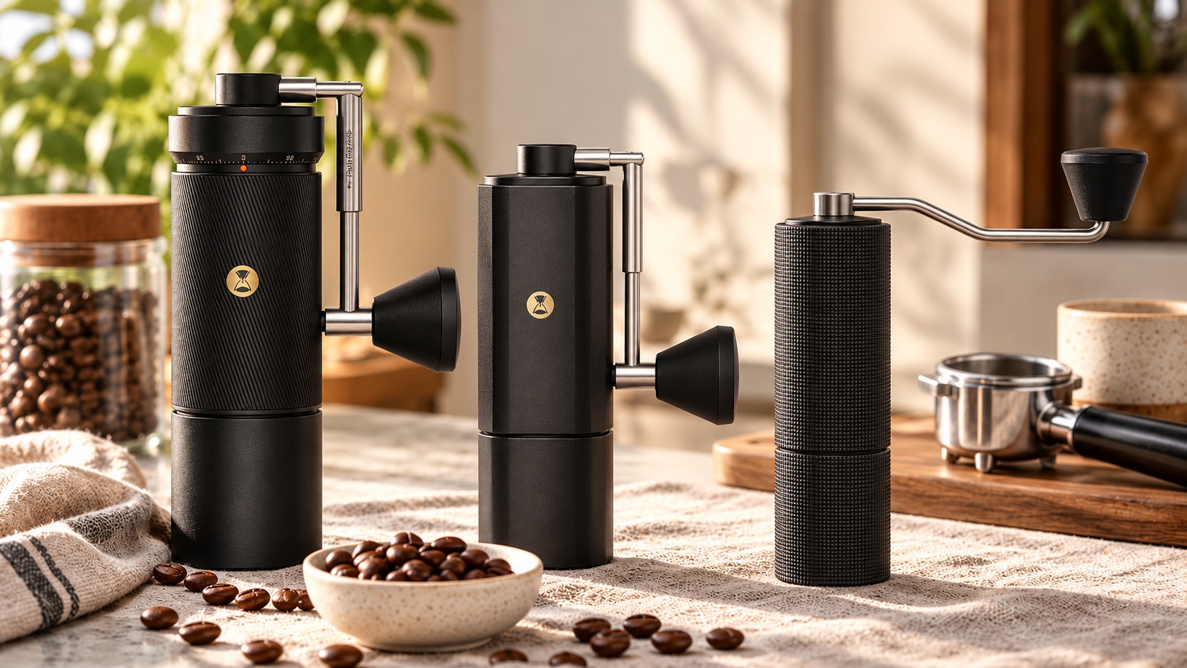 Three different hand coffee grinders standing side by side on a cream linen surface in morning light